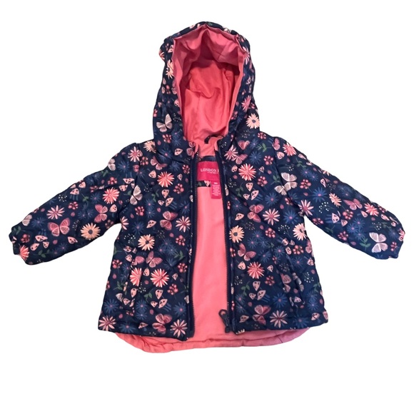 London Fog Girls Pink & Blue Floral Hooded Jacket. 18M. Good Condition - Picture 2 of 5